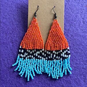 Handcrafted Beaded Earrings - Orange and Blue